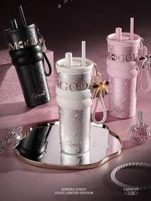 1个优质保温饮料杯，316不锈钢材质，户外/车载吸管水瓶/咖啡杯，保温/保冷，防漏，适配车载杯架，适合运动、旅行和上学，情人节和女士的绝佳礼物 - 彩色 - 查看 4