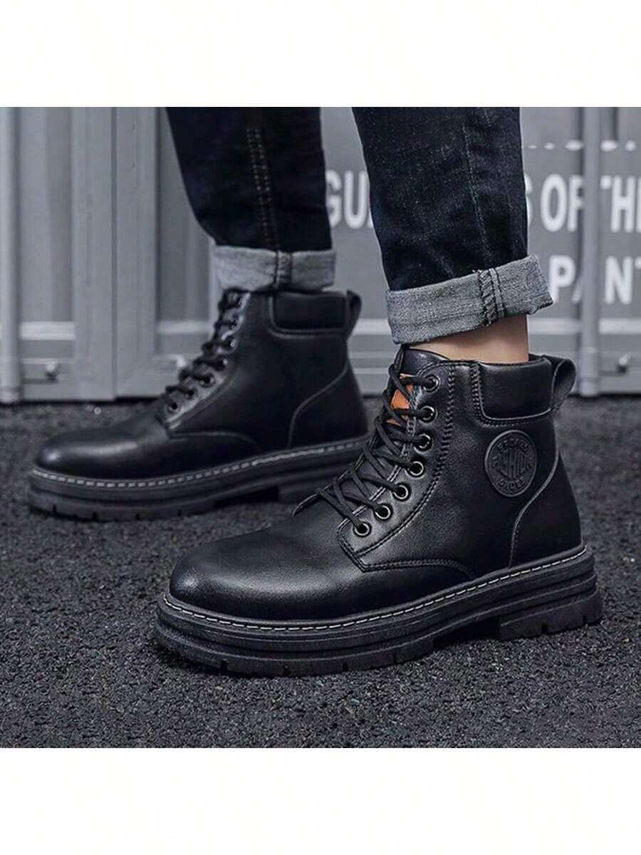 Men High-Top Leather Riding Boots - Black - View 1