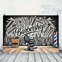 The Background Of The Barber Shop Is A Spotlight, With A View Of Tall Buildings And Various Hair Styling Tools Tapestry Is Highly Suitable For Use As A Festive Wall Decoration, An Outdoor Hanging Item, A Party Backdrop - trắng - Xem 2