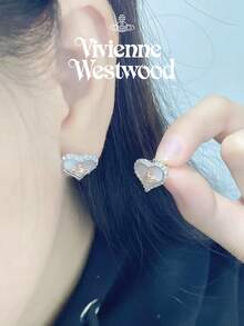 Vivienne Westwood 1pc Petra Brass Heart Rhinestone Earrings, Fashionable & Elegant Versatile Stud Earrings - Silver - View 4