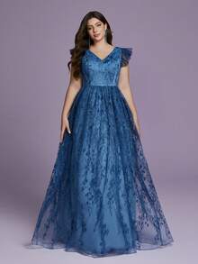 Anpoket (No Fixed Flower) V-Neck Mesh, Lotus Leaf Patchwork Embroidery, Lace, Folded And Large Swing Long Dress - Blue - View 4