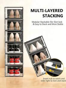 12 Pack XXL Shoe Organizer Storage Rack Clear Plastic Stackable Shoe Boxes For Closet, Space Saving Foldable Shoe Storage Case, Sneaker Storage Shoe Box Container - XXL Black - View 7