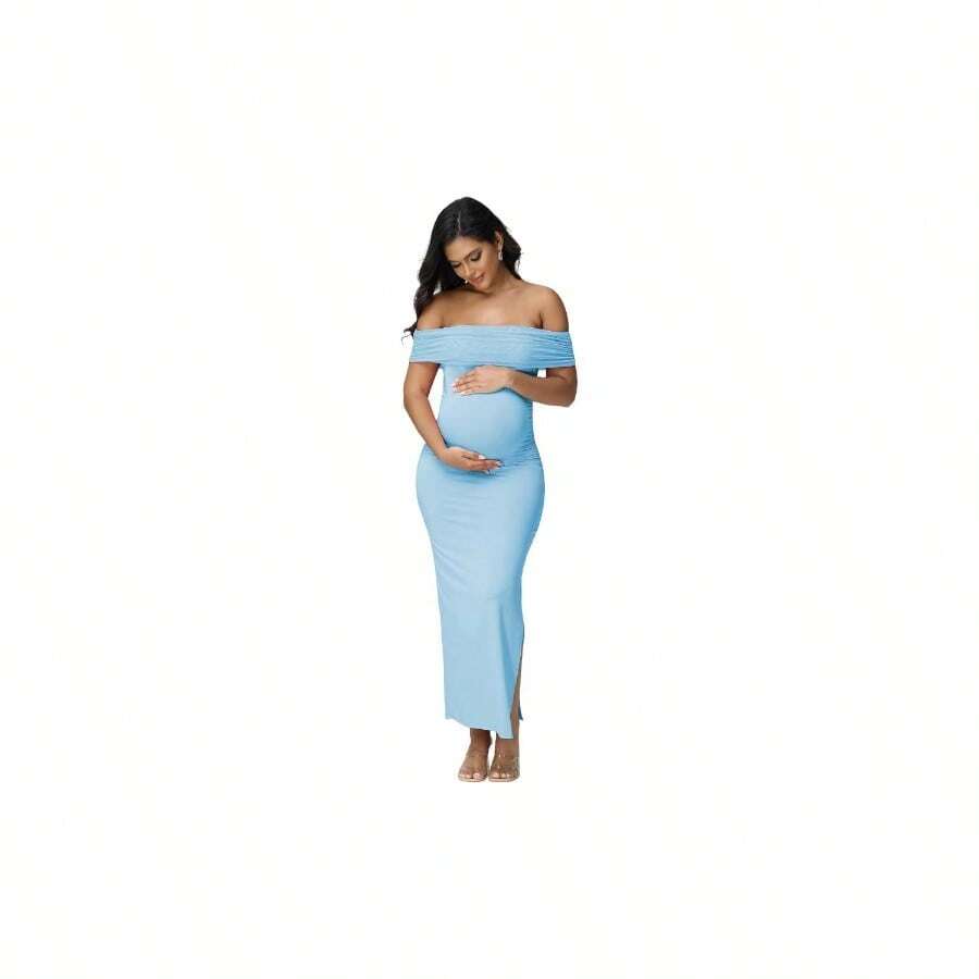 - Vestido de maternidad de malla con hombros descubiertos para mujer, sin mangas, para de shower, sesin de fotos - Azul + XL - Ver 1
