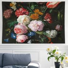 Large Horizontal Floral Tulip Tapestry Wall Decor - High Definition Printed Peony And Rose Plant Art, Black Background, Durable Beige Friendly Fabric Texture (Similar To Towel Cloth) Suitable For Bedroom Decoration - Retro Dutch Style - 白色 - 查看 1