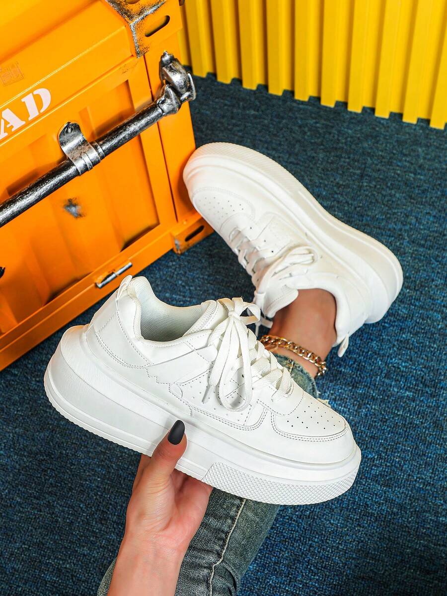 Women's Casual Sneakers, Solid Color, Lightweight, Suitable For All Seasons, PU Leather Upper, Elevated And Thickened EVA Sole, No Prints, Fabric Lining, EVA Insole, Stylish White Sneakers - White - View 1