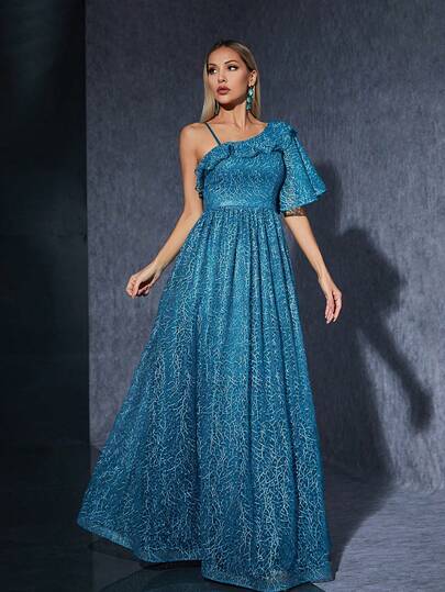 Off‑Shoulder Ruched Sweetheart Half‑Sleeve Embroidered Lace High‑End Evening Gown