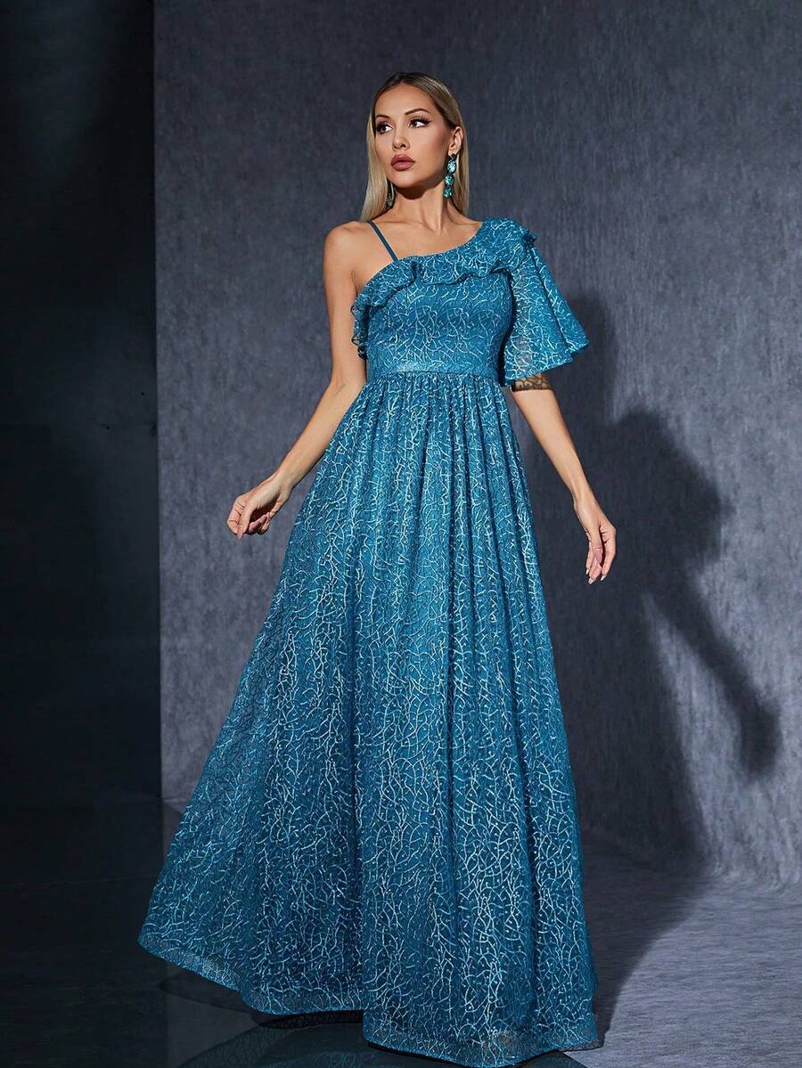 Off‑Shoulder Ruched Sweetheart Half‑Sleeve Embroidered Lace High‑End Evening Gown - Blue - View 1