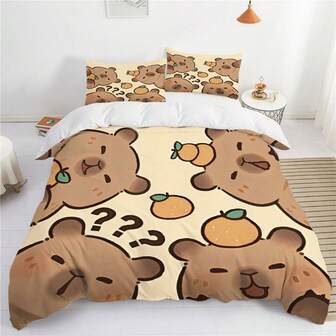 2/3pcs Cute Capybara Printed Duvet Cover Set, Soft Polyester Duvet Cover Set , Washable Microfiber Duvet Covers For Bedroom, Guest Room, Dormitory Decoration (1 * Duvet Cover + 1/2 * Pillowcase, Coreless)