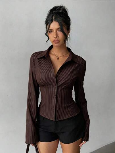 女士修身条纹前开襟长袖休闲衬衫，通勤时尚优雅，纽扣衬衫，秋季女装，圣诞女装