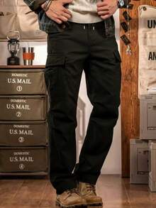 Men's Outdoor Multi-Pocket Cargo Pants, Solid Color Flat-Front Versatile Casual Pants, Suitable As A Gift For A Boyfriend Or Husband. - 黑色 - 查看 4