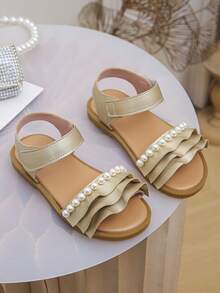 "Kids' Beige Pearl & Gold Ruffle Sandals: Elegant Flat Open-Toe Shoes For Parties & Daily Wear" - Gold - View 13