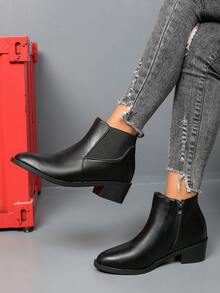Women's Autumn/Winter New Side Zipper Chelsea Ankle Boots, Fashionable & Comfortable Black Elastic Pointed Toe Chunky Heel Western Boots