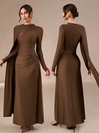 Ladies' New Autumn Solid-Color Elegant 2-Piece Set – Shawl Collar Dress With Metal Buckle Decor, Special Cut, Wrap Waist & Pleated Maxi Skirt, Ideal For Parties, Birthdays & Formal Banquets