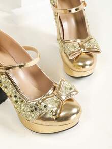 Glitter Gold Patent Leather Bridal Shoes, Bridesmaid Wedding Shoes For Women, Thick Sole Waterproof Platform Super High Heels Formal Dress Pumps - Vàng - Xem 7