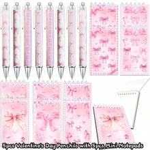 10件套蝴蝶结圆珠笔和笔记本套装，包含5支按动式圆珠笔和5本随机蝴蝶结笔记本。可爱的儿童文具配件，适合女孩情人节派对礼物、课堂奖品、交换礼物、学校奖励和礼品袋填充物，颜色和款式随机。 - 情人節2 - 查看 10