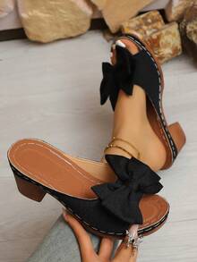 Summer Hot Selling Plus Size Women's Casual Thick Sole Open Toe & Heel Sandals, Solid Color Big Bow Decor Comfortable High Heel Sandals, Lightweight Outdoor Walking Beach Vacation Essential Slippers, Suitable For Pairing With Long And Short Skirts, Fresh And Lively - Black - View 1