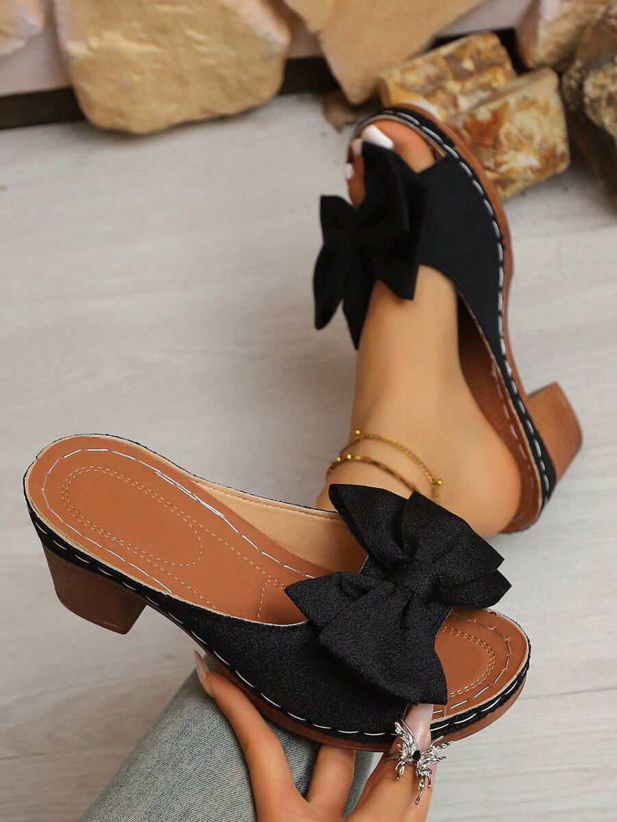 Summer Hot Selling Plus Size Women's Casual Thick Sole Open Toe & Heel Sandals, Solid Color Big Bow Decor Comfortable High Heel Sandals, Lightweight Outdoor Walking Beach Vacation Essential Slippers, Suitable For Pairing With Long And Short Skirts, Fresh And Lively - Black - View 1