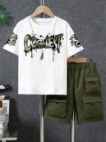男童字母印花短袖T恤和工装短裤 - 軍綠色 - 查看 1