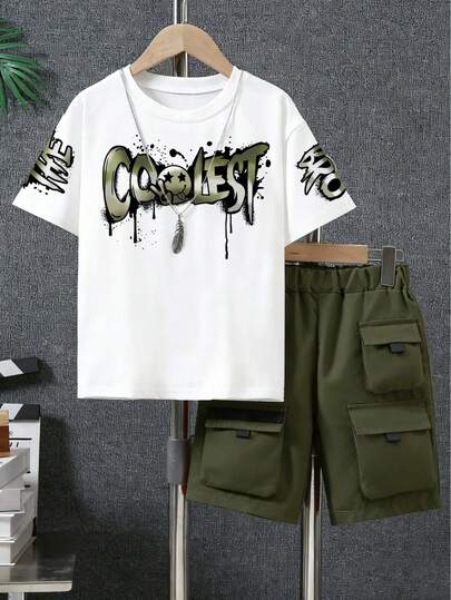 Boys' Letter Print Short Sleeve T-Shirt And Cargo Shorts