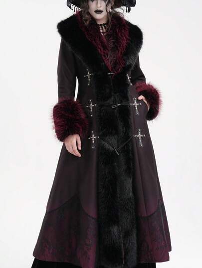 EVA LADY Black & Red Ombre Floral Pattern Plush Cross Decor Turndown Collar Women's Long Trench Coat, Autumn/Winter