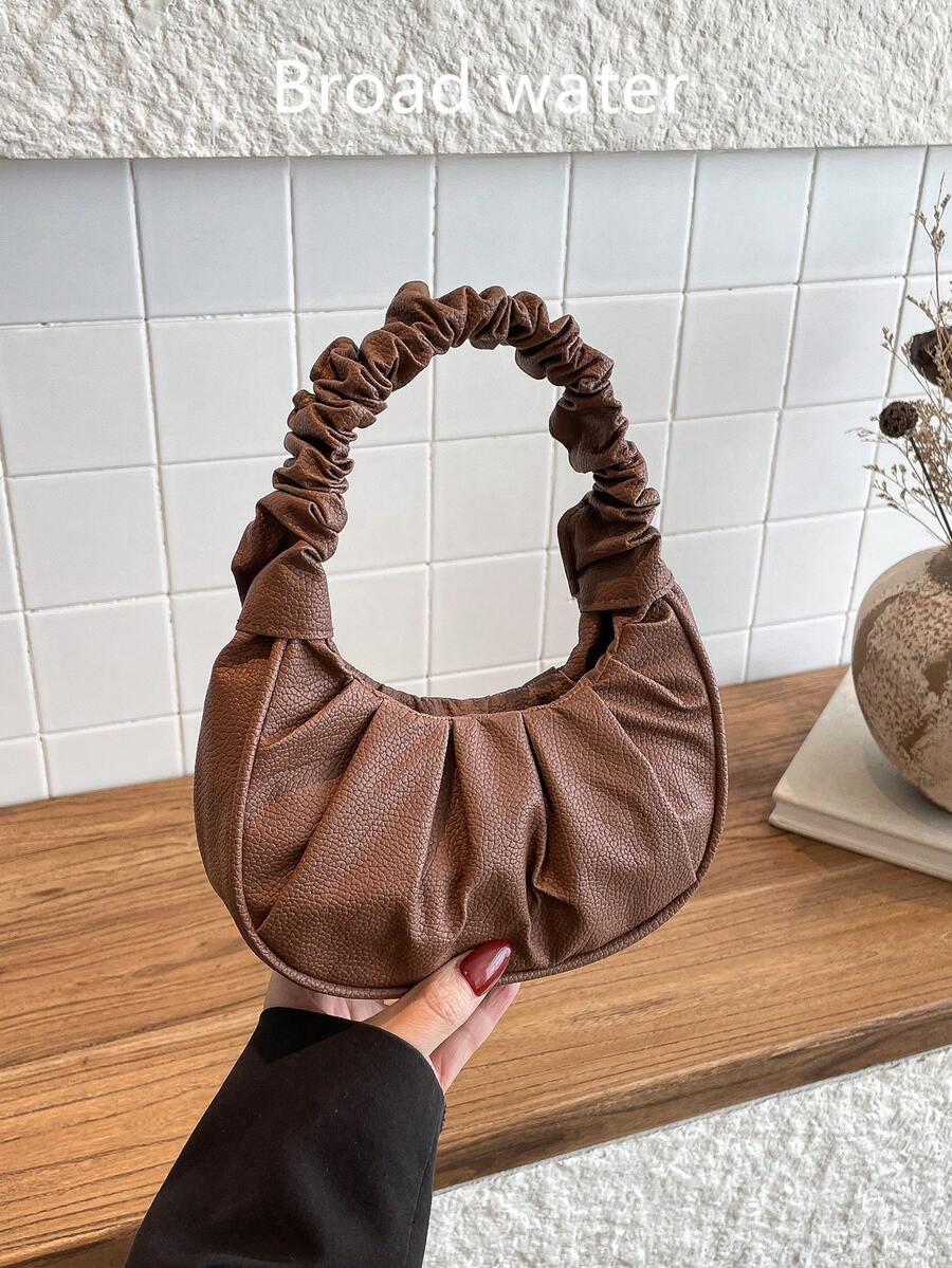迷你褶皱女士手提包，纯色女士褶皱手提包，女士纯色云月形手提包 - 棕色 - 查看 1