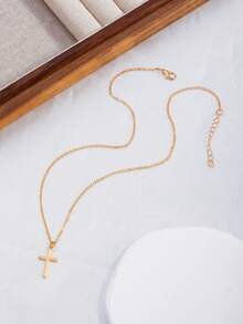 1pc Minimalist Cross Pendant Necklace, Unisex Clavicle Chain For Sweater - Gold - View 5