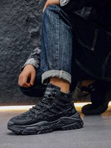 Black Sneakers, Men's Casual Sneakers, New Fashionable Sneakers, Comfortable, Versatile Thick-Soled Heightening Sneakers Mid Top Lace Up Men's Hiking Shoes - Black - View 6