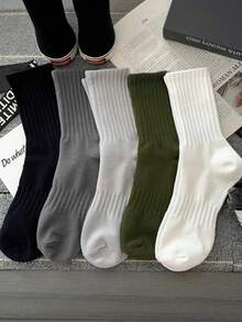 5 paires de chaussettes de couleur unie pour femmes, chaussettes polyvalentes pour le sport et le décontracté, mi-mollet, convenant pour l'automne/l'hiver - Multicolore - Voir 1