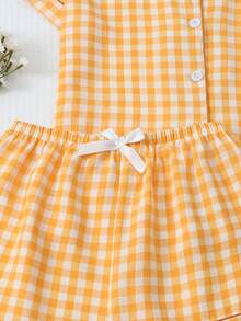 两件套女士格子印花睡衣套装，短袖纽扣领上衣和短裤，夏季休闲睡衣 - 橘色 - 查看 6