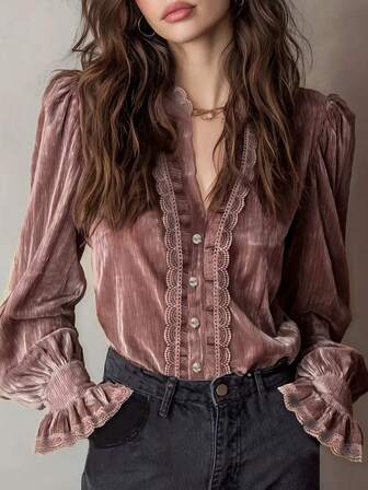 女士优雅时尚粉色纯色荷叶边开衫长袖衬衫，春秋季