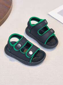 1 Pair Unisex New Style PU Hook And Loop Design Flat Cute Sandals, Soft Bottom Non-Slip Children Beach Shoes, Suitable For Summer - Black - View 7