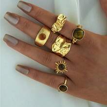 6-Piece Irregular Geometric Unique Design Women's Ring Set Sunflower Tiger Eye Stone Ring Set, Suitable For Gatherings, Vacations, Gifts, And Daily Life - Vàng-1 - Xem 4