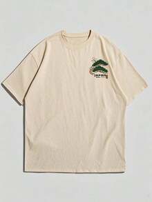 Men's Casual Versatile Simple Japanese Crane Print Short Sleeve T-Shirt - 卡其色 - 查看 4