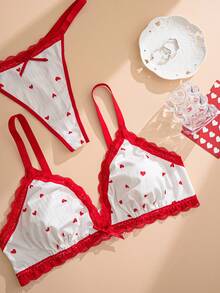 大码红色蕾丝拼布心形蝴蝶结性感内衣套装 - 紅白色 - 查看 6