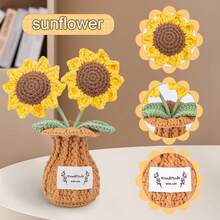 1 szt. Ręcznie robiony żółty i brązowy słonecznik w wazonie na szydełku (14,5 cm/5,7 cala * 11,4 cm/4,5 cala) - 2-głowy słonecznika na drutach z szydełkowym wazonem, idealny do dekoracji deski rozdzielczej samochodu/biurka/półki, idealny prezent na Walentynki/Dzień Matki/Święto Dziękczynienia/urodziny/rocznicę/letnią imprezę. Akcent domowy.