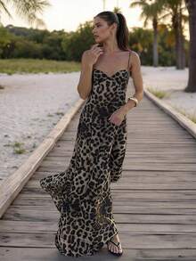 女士豹纹无袖露背高腰连衣裙，优雅 - 卡其色 - 查看 3