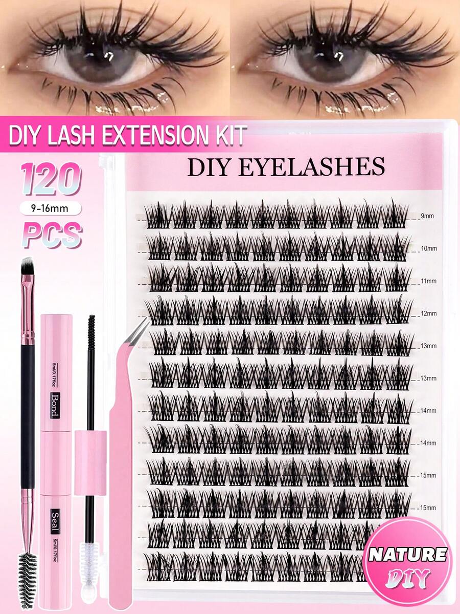 240/120pcs Eyelash Extension Kit, DIY Eyelash Extension Set, Individual Lash Cluster Kit, D Curl Eyelash Extension Set, Includes Adhesive, Sealant And Eyelash Extension Tools, Suitable For Daily Use, Travel, Weddings, Dates, Parties, Holidays (For Beginners) - màu đen - Xem 1