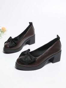 Preppy Style Bow Accent Office Chunky Heel Pointed Toe Brown High Heels, Comfortable Low Price Casual Country Outdoor Holiday Shoes - Brown - View 8