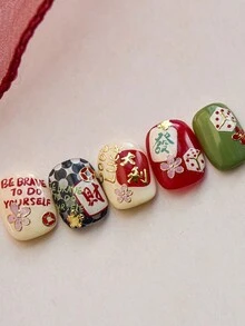 1片中国风新年祝福美甲贴纸，美甲师必备，3D立体浮雕工艺，吉祥祝福元素美甲装饰设计，自粘式美甲贴纸，可重复使用，女士礼物，美甲用品，优雅新年配饰美甲贴纸 - 紅色 - 查看 7