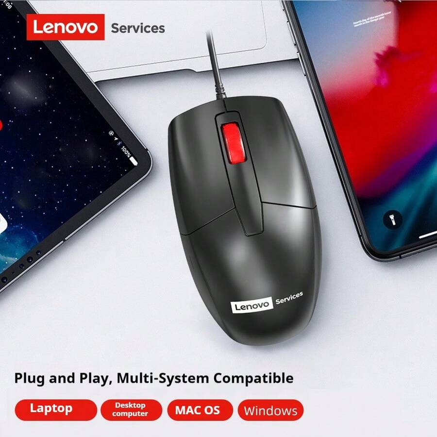 Mouse con cable Lenovo M01, conexión USB, 1000 DPI, diseño ergonómico para computadoras, laptops, uso de oficina y juegos. - Negro - Ver 1