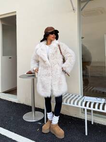 DEEKA 女士仿皮草超大款外套，温暖舒适，欧美风格，大码冬季款 - 米色 - 查看 3