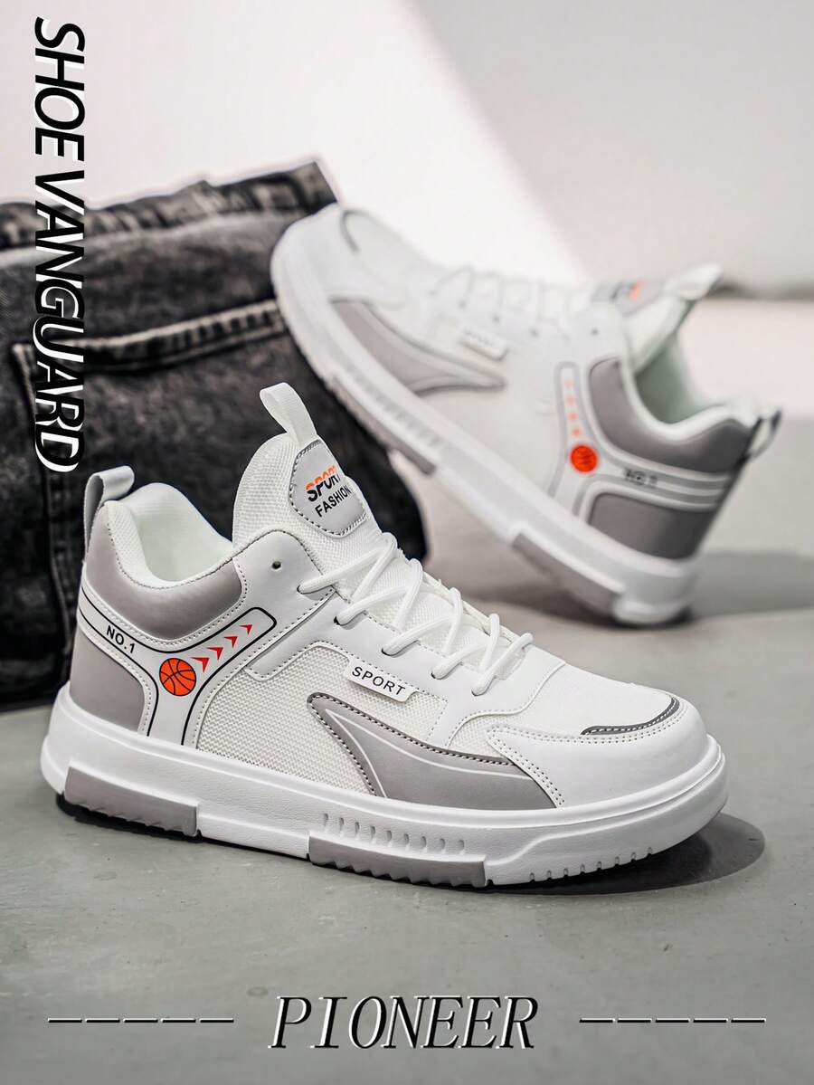 Men's Street Style Basketball Pattern Casual Sneakers, Retro Minimalist PU Mesh Patchwork Shoes For Outdoor, Everyday Wear, Suitable For Teenagers, All Seasons