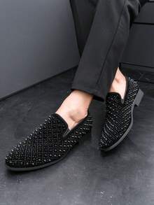 Men's Leather Spikes Loafers Studded Dress Shoes Slip-On Fashion Flats Long Rivet Wedding Party Prom Shoes - 黑色 - 查看 4