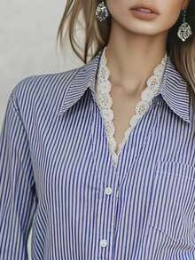 Ladies' Elegant Casual Lace Patchwork Striped Loose Shirt Office - Blue - View 3