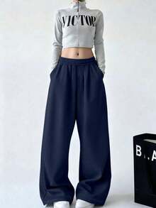 1pc Teen Girls Casual Straight Leg Thermal Lined Pants, Outdoor Sports & Exercise, Fashionable & Minimalist Design - Navy Blue - View 5