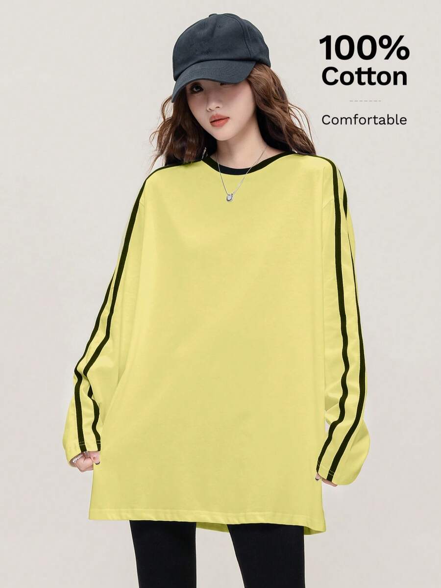 JUTU 女士春季通勤上衣，时尚侧条纹长袖T恤，户外休闲装 - 057黃拼黑 - 查看 1