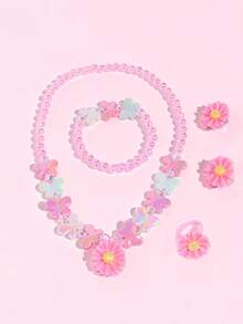 5pcs/Set Girls Sweet Daisy Flower Pendant Beaded Jewelry Set, Including Necklace, Bracelet, Ring And Earrings, Suitable For Daily Wear And Party Gift