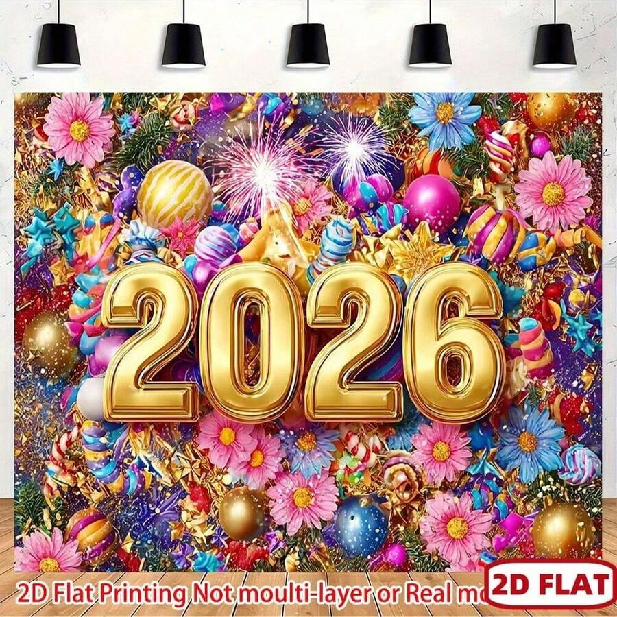 优雅的 2026 新年庆祝背景幕布，饰有金色气球、烟花和花卉图案 - 浅粉色/蓝色/紫色/金色/桃色派对装饰，中心装饰有数字 2026 - 室内/横幅，适用于婚礼、生日、新年、情人节、春/夏/秋季活动，有多种尺寸可供选择。 - 彩色 - 查看 1
