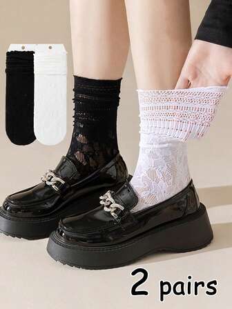 2 pares de calcetines de media pantorrilla para mujer con borde de encaje negro y blanco, adecuados para uso diario, bodas, atuendos de fiesta, se pueden combinar con mocasines y zapatillas