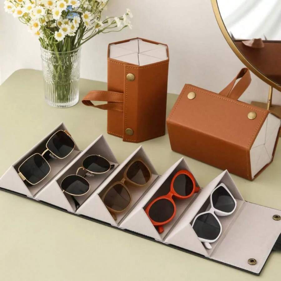 Hộp đựng kính mô phỏng bằng da PU có thể gập lại, Hộp đựng kính thời trang chống trầy xước có đệm mềm treo có thể gập lại, Phụ kiện di động, Chất liệu bền, Vỏ bảo vệ hộp đựng nhiều lớp dễ thương, Thiết kế nhiều lớp, Cũng có thể đựng phụ kiện và phụ kiện đồng hồ, Thích hợp để mang theo khi đi du lịch - Nhiều màu - Xem 1